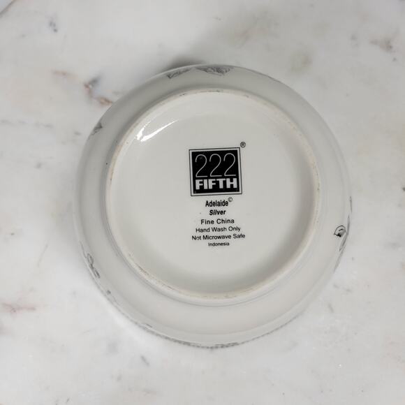 222 Fifth Adelaide Bowl 5.5" Silver Floral Bird White Porcelain Round Scalloped - Picture 7 of 14